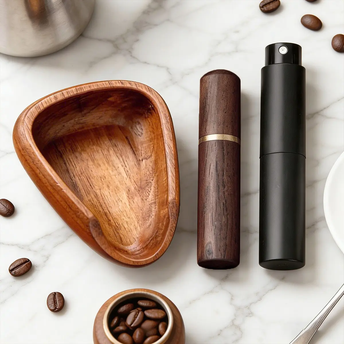 3pcs Coffee Bean Dosing Cup Set, Rdt Spray Bottle & Espresso Stirrer, Wood Dosing Vessel Tray, Coffee Bar Accessories, Coffee Bar Essentials, Coffee Equipment, Christmas Gift, Wooden