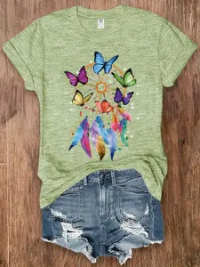 Women's Crew Neck Short Sleeve T-Shirts, Apparel, Colorful Butterfly Dreamcatcher Print, Pink/Blue/Green/Purple/Dark Green Holiday Casual Tops, Comfortable for Vacation, Outings & Holiday Gifting