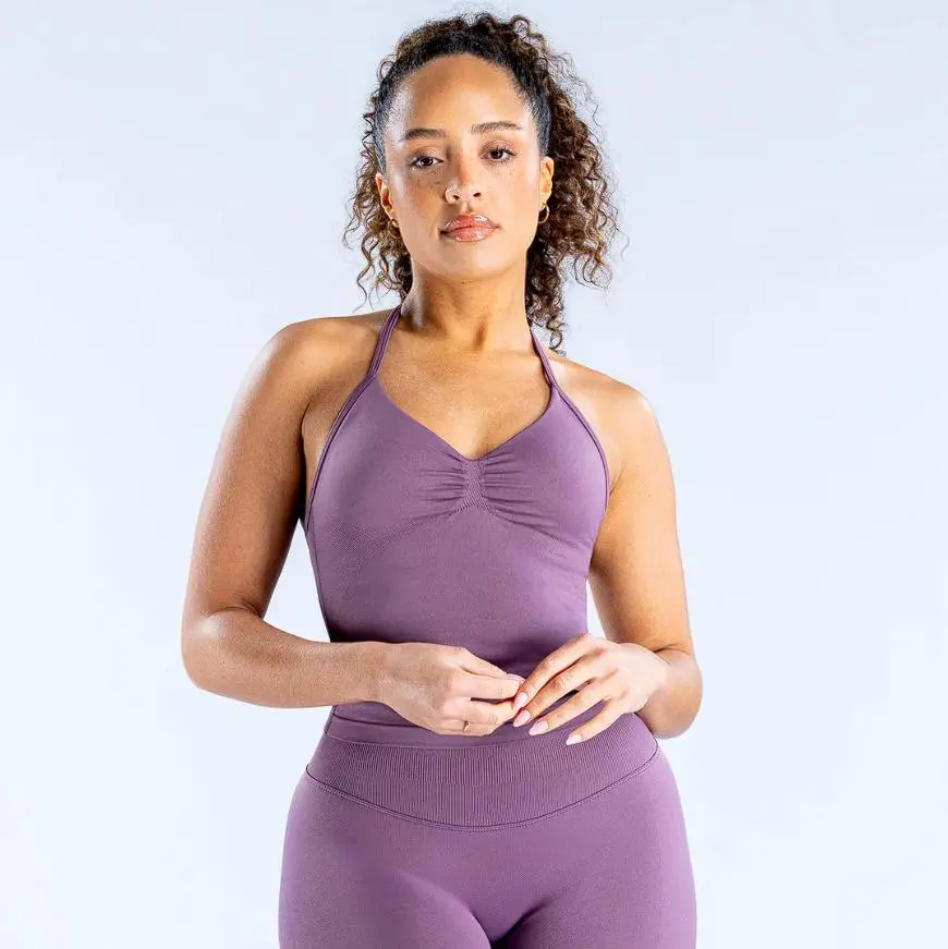 (With Logo）DFYNE Premium Seamless - Ruched Halter Neck Top & Summer Outfit for Active Women Quick-Dry Compression Fitness Set Sports Yoga Gymswear Sportswear Set