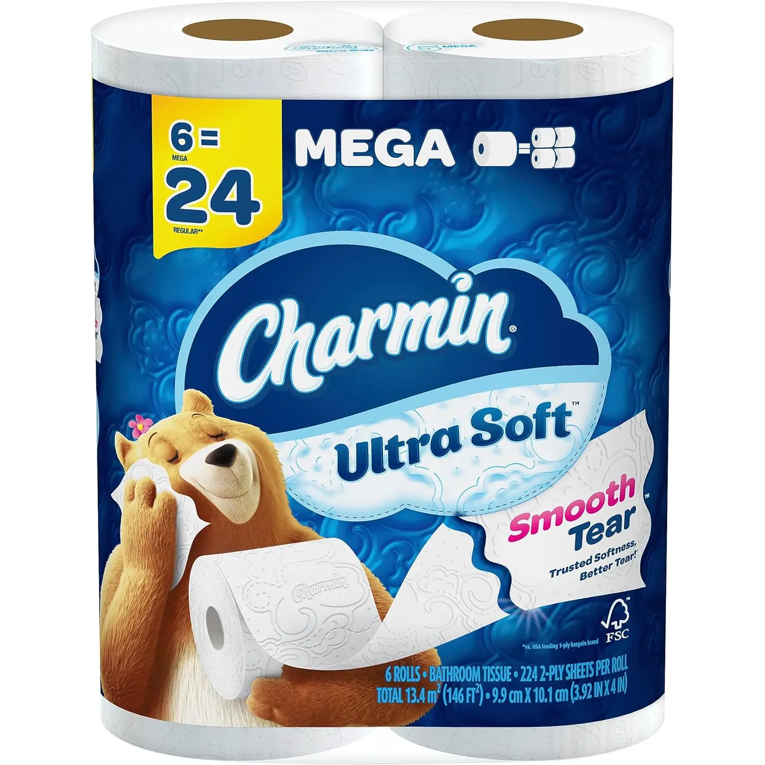 Charmin Ultra Soft Toilet Paper 6 Mega Rolls, 224 Sheets per Roll, 1.5 Pounds Charmin
