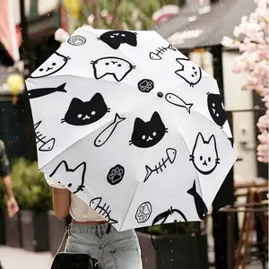 1PC Cute Black White Cat Fish Bone Print Folding Umbrella, Minimal Cartoon Aesthetic, Windproof Waterproof UV Sun Protection, Sun & Rain Dual Use Compact Parasol, For Daily Commute, Student, Cat Lovers Women Girls Gift