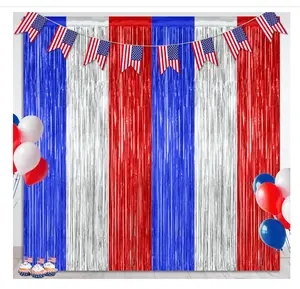 2 Pack 4th of July Decorations, 3.28 FT x 7.05 FT 250 Anniversary Tinsel Backdrop, Red Silver Blue Fringe Curtains Streamer Backdrop, Independence Day Photo Backdrop Party Supplies