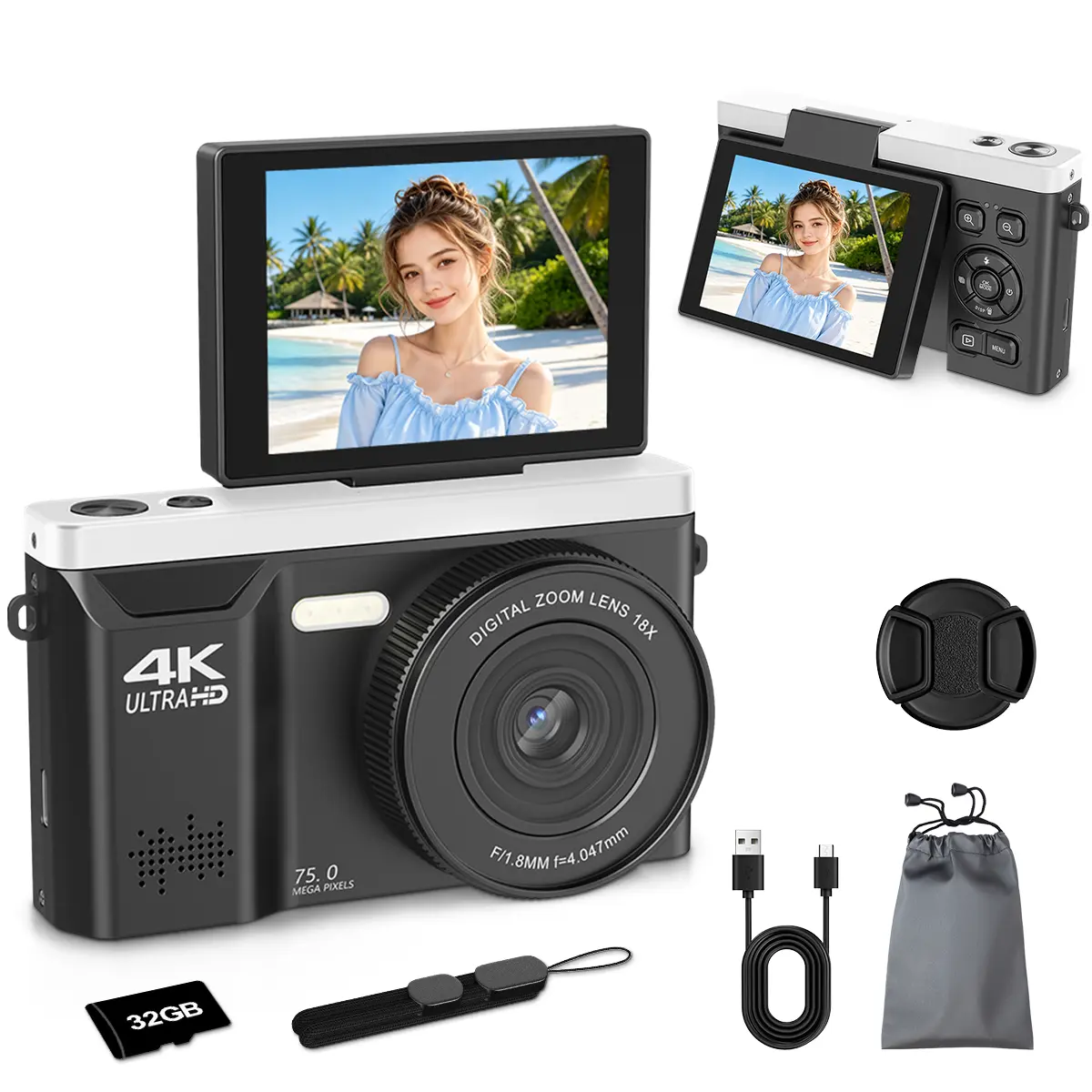 WIKICO 4K Digital Camera for Photography, 75MP Vlogging Camera with 18X Digital Zoom, 2.8-Inch 180° Flip Screen, LED Light & 32GB Micro SD Card, Portable Travel Camera for Beginners & Teens