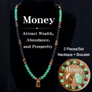 2Pcs Money Necklaces Bracelets Set for Men Women Green Jade Money Feng Shui Wealth & Luck Necklace Crystal Protection Tiger Eye Jewelry Spiritual Gifts