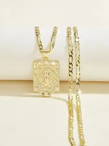 Fashion Punk Virgin Mary Square Pendant Necklace, Elegant Copper Plated 14k Gold Religious Jewelry, Unisex Party Birthday Gift, Square Shaped Pendant