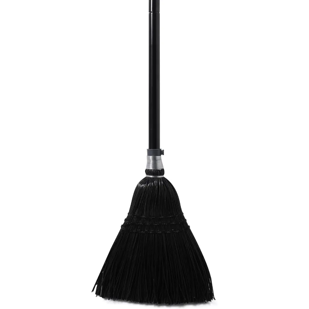 Heavy-Duty Commercial Broom with 55.5 in Iron Pole Handle, 3-Sews Design & Protective Jacket, Indoor-Outdoor Home Care Tool for Garage, Office, Efficient for Leaves, Stone Dust, Rubbish, Black, Long Handle