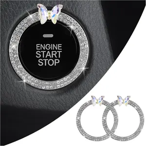 2 count Bling  Push Start Button Cover Decoration Ring,Shiny Push to Start Button Cover Ring with Rhinestone Butterfly Design for Decoration, Starts Buttons Covers for Girls ()