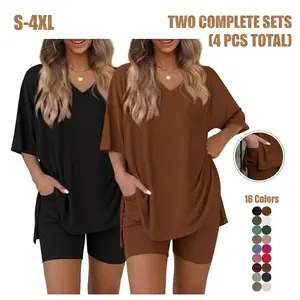 Women's Relaxed Fit Lounge Set - V-Neck Sleepwear & Biker Shorts with Pockets, 2-Piece PJS Set (S-4XL)