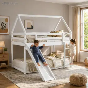 Unique House-Shape Twin Size Pine Wood Bunk Bed - Kids Furniture Bedroom Shaped Beds with Pitched Roof, Slide, and Ladder, White