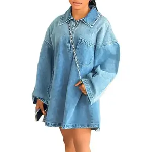 Women’s Long Sleeve Denim Dress – Casual Loose Fit, Zip Closure, Lapel Shirt Style Jean Mini Dress with Pockets and Checkered Collar