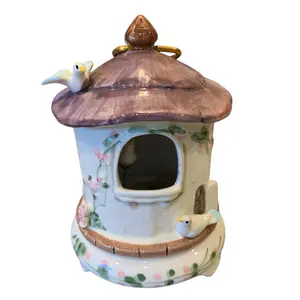 Schmid Vintage Bird House Music Box Plays Yellow Bird with Adorable Bird Design and Floral Accents Decor