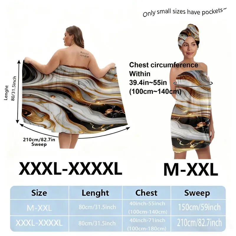 Women's Marble Pattern Bath Towel Skirt Set, Black White Gold Spa Wrap Skirt + Head Wrap, Plus Size S-XXXXL, Perfect for Wedding Party Beach Poolside Shower, Birthday Gift