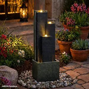 39-in H Modern Arch Cascading Freestanding Outdoor Water Fountain - LED Glow Lights, Natural Rock Design, Ambient Sound - for Garden, Backyard Decor