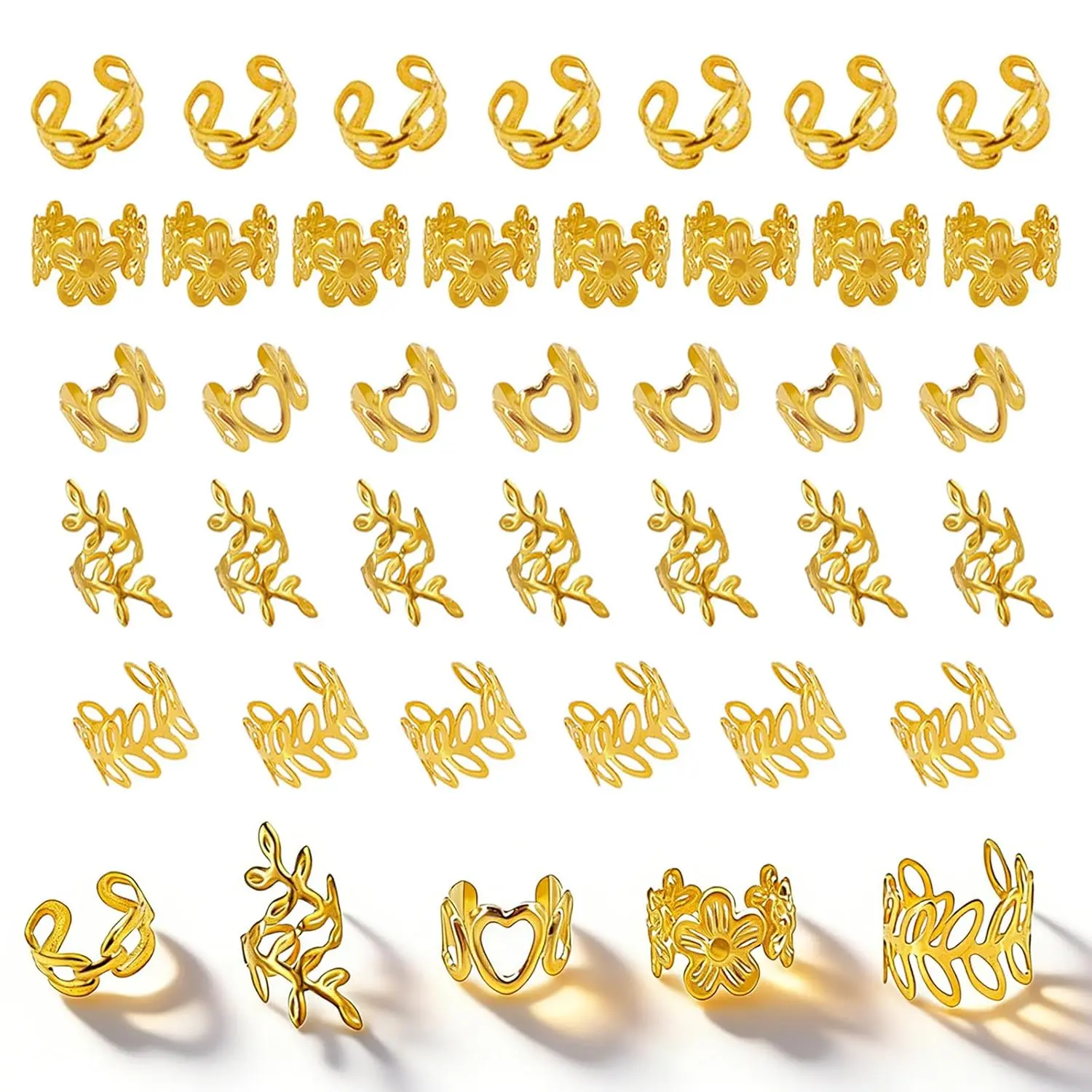 50 Pcs Gold Hair Jewelry for Braids Accessories Non-Piercing Ear Clip Beard Cuffs Clip Loc Crochet Hair Cuffs, Dreadlock rings for Women Men, Adjustable Metal Hair Decoration