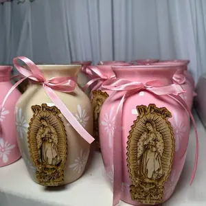 20 Virgencita Vase - Floral Vase with Religious Design, Decorative Floral Patterns, Glass vase, 8inches  handpainted, a magnetic wood virgencita is added