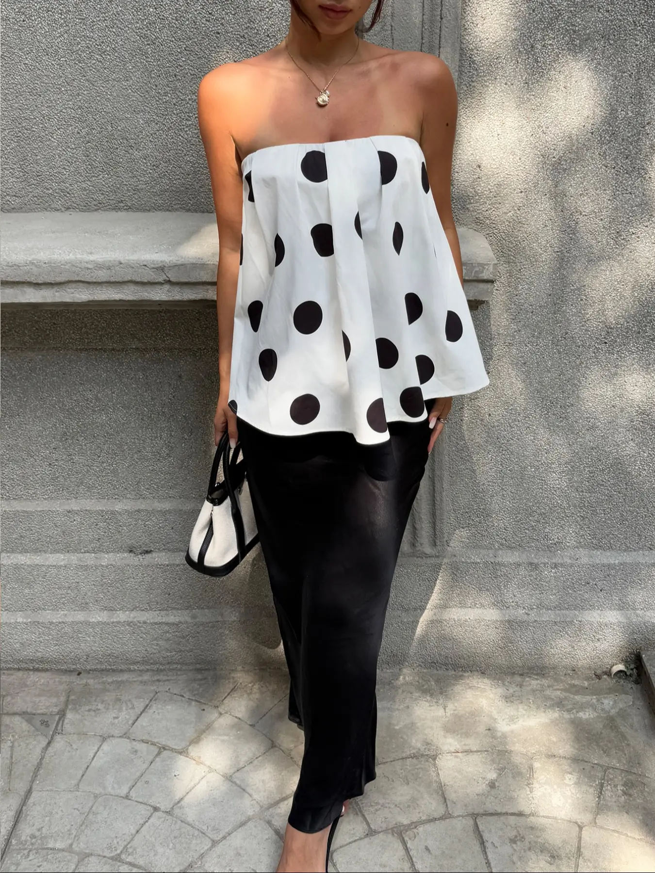 Womens Polka Dot Strapless Sleeveless Babydoll Top Loose Off Shoulder  Flowing Tube Blouse Summer Holiday Vacation