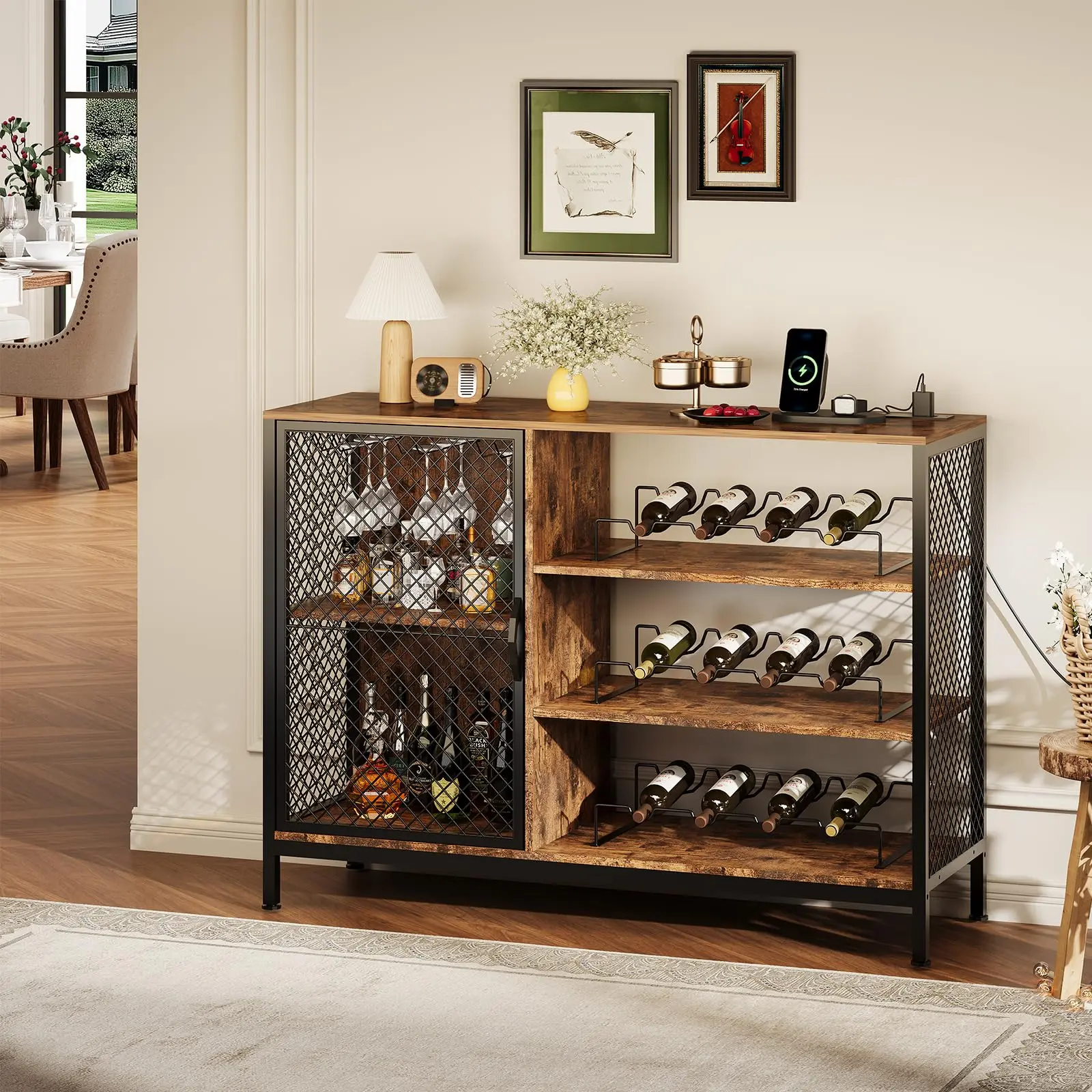 Rustic Brown Wine Bar Cabinet with LED Lights & Power Outlets – Wood Liquor Storage with Doors, Glass Holders, Wine Rack – Mini Coffee Bar for Dining & Living Room