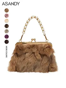 ASANDY Faux Fur Clutch Purse for Women, Vintage Pearl Beaded Handle Evening Bag, Elegant Frame Handbag for Party Wedding Cocktail, Multiple Colors