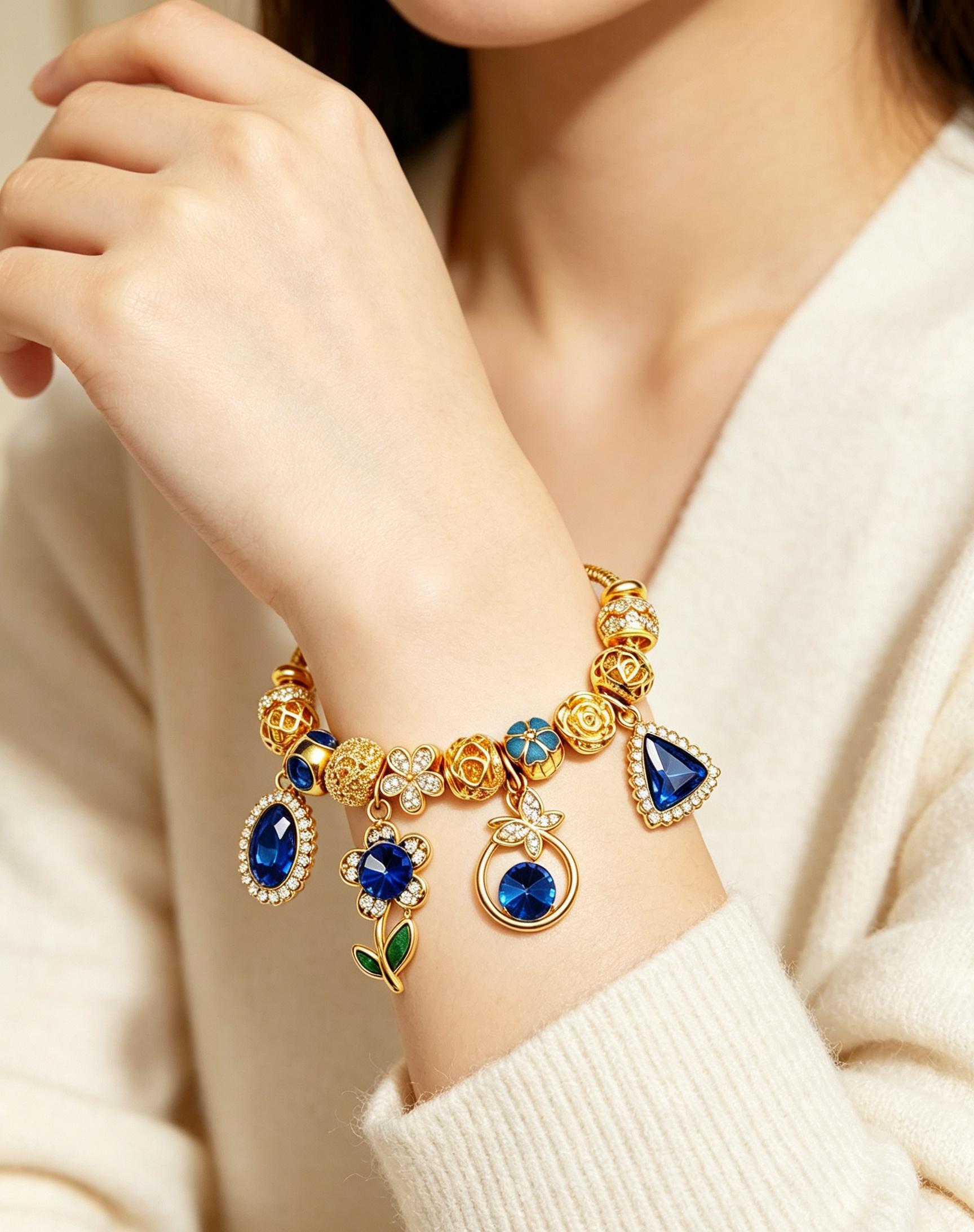 Blue Crystal Flower Charm Bracelet, Gold Tone Adjustable Snake Chain Beaded Bracelet with Gem Pendant, Fashion Jewelry Gift for Women Girls