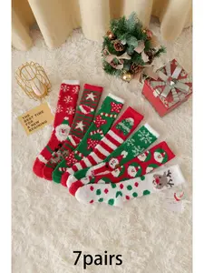 7pairs Fashion Coral Velvet Christmas Leg Socks Snowman Deer Printed Comfortable Warm Knitted Socks Suitable for Women's Daily Leisure Commuting Wear