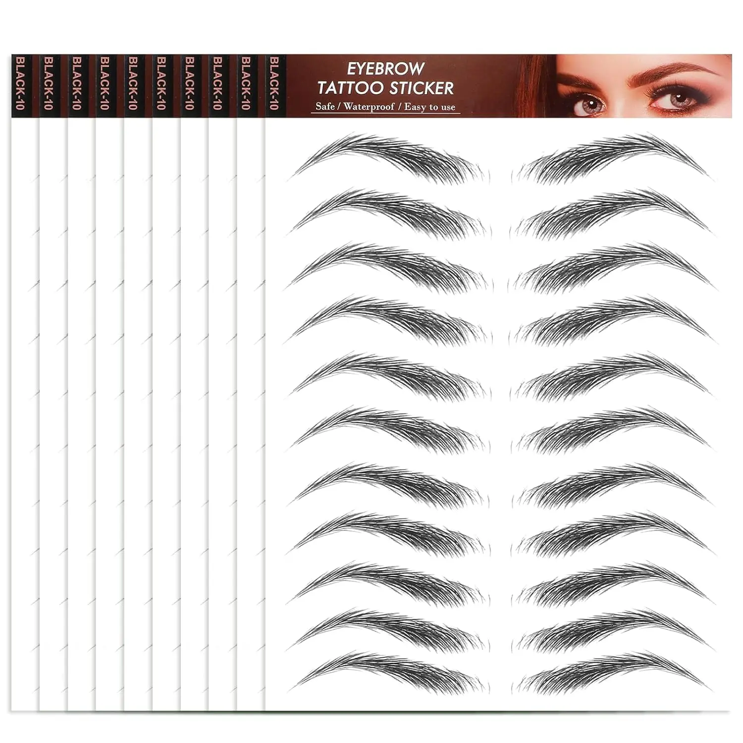 10 Sheets Waterproof Eyebrow Tattoo Fake Eyebrows Sticker 4D Hair-Like Eyebrow Tattoos Stickers Temporary Eyebrow Tattoo For Women Long-Lasting Eyebrow Christmas For Makeup Beginner(Black-10)