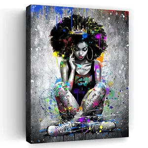 African American Queen with Crown Canvas Art Vibrant Graffiti Style Motivational Wall Decor for Living Room Bedroom Study Kitchen Pine Wood Frame Indoor Use