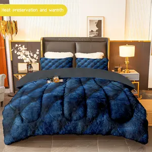 3pcs (1 comforter + 2 pillowcases) Navy Blue Flannel & Milk Velvet Comforter Set, Soft Warm Cozy Bedding Set for Adults, Trendy Milk Velvet Quilt Set, Bedding Essentials