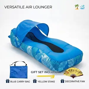 Portable Inflatable Air Lounger Sofa with Shade Canopy, Waterproof Water Hammock Pool Float & Outdoor Camping Blow Up Couch, Fast Inflation Fan & Stakes Included
