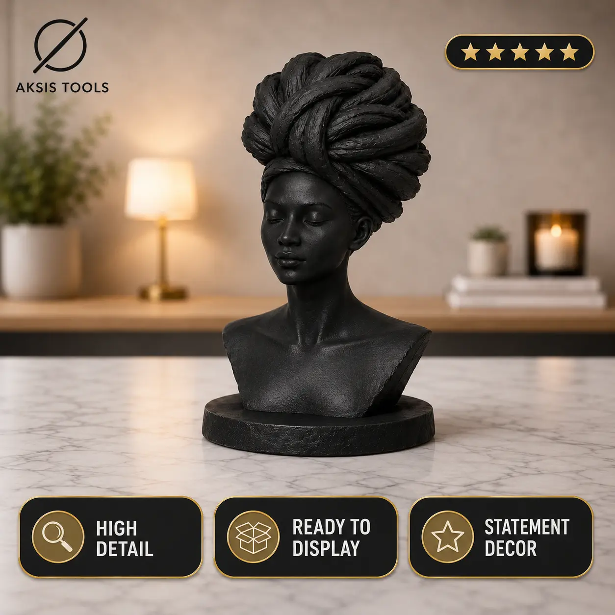 Women's Bust Sculpture - Modern Headwrap Statue, Minimalist Black Smooth Lightweight Home Decor, Ideal Gift for Storing Brushes, Beauty Products in Organizer Boxes Decorative Home Ornament