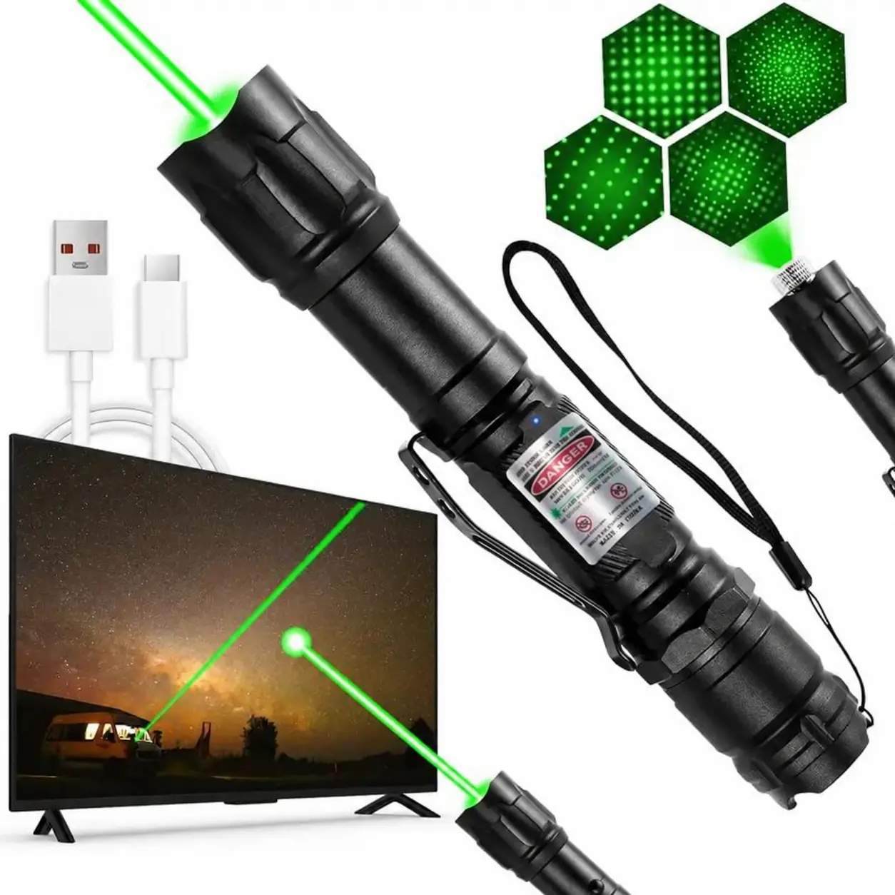 Rechargeable Laser Pointer Pen with Built-in Batteries, USB-Chargeable Portable Metal Body, Long-Range Beam, Flashlight Function, TV LED LCD Screen Compatibility, for Camping Hiking, Office Use, Outdoor Enthusiasts