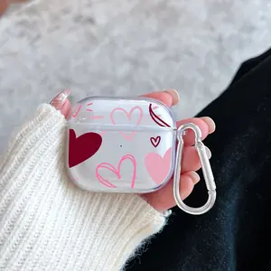 Heart Whispers Pattern Protective Case for AirPods 4/3/2/1/Pro/Pro2 Soft TPU Earphone Cover, Transparent with Keychain