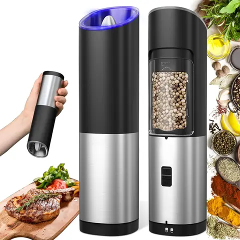 Modern Upgraded 2-Pack Stainless Steel Compact Handheld Cordless Battery-Powered Electric Salt & Pepper Grinder Set with Upgraded Battery, Salt Dispenser, Seasoning Containers, Shaker Function, Kitchen Tool for BBQ, Household Gift