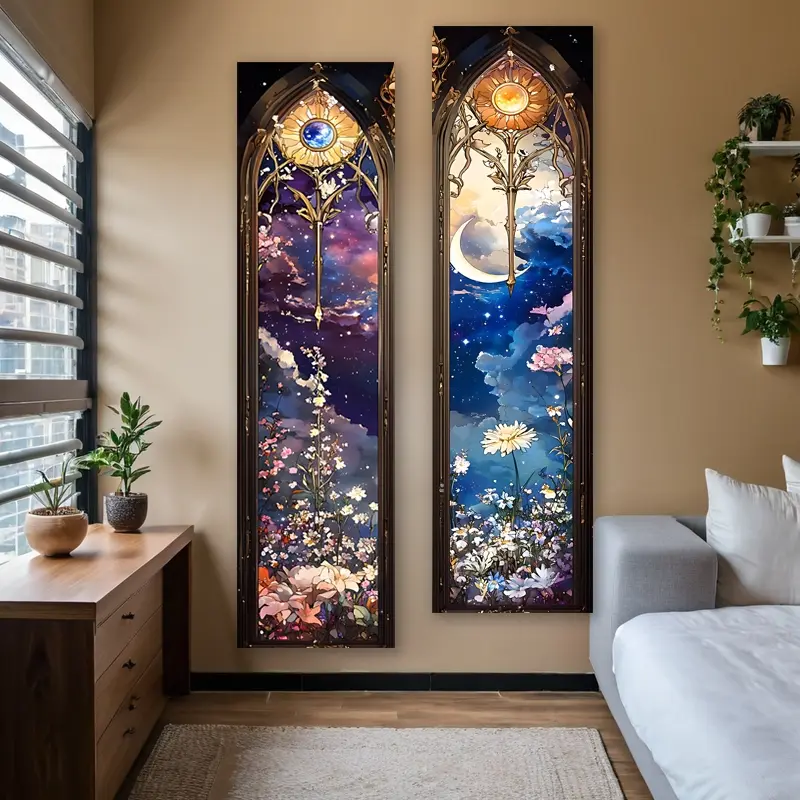Sun Moon Flowers Vertical Banner Decorative Tapestry Wall Hanging Floral Starry Sky Pattern Golden Celestial Tapestries Ideal Gifts for Home Decor Enthusiasts, Vintage Room Decor, Polyester Stitched Edges Wall Decor for Bedroom Living Room