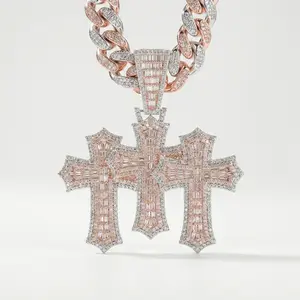 [ICE HUE] Unisex 18K Gold Vacuum Plated Copper Three Big Cross Pendant Necklace with 5A+ Sri Lanka Zircon, Miami-Italy-Mexico & Micro Inspired, Luxury Costume Jewelry for Daily Wear, Gift Idea, Unisex Jewelry