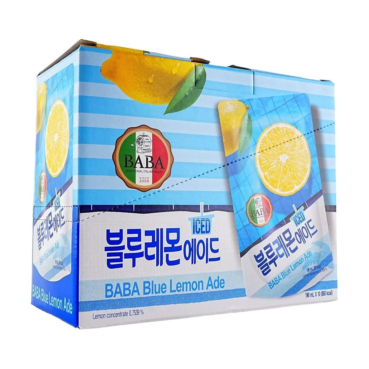 WOONGJIN BABA Ice Lemon Juice Drink 190ml x 10 Packs - Low Calorie, Zero Fat, Refreshing Korean Beverage