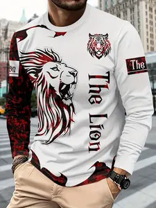 Men's Casual Sporty Streetwear Classic 3D Lion Print Long Sleeve Round Neck T-Shirt, 100% Polyester Knit Fabric, Geometric Pattern, Slight Stretch, All Seasons