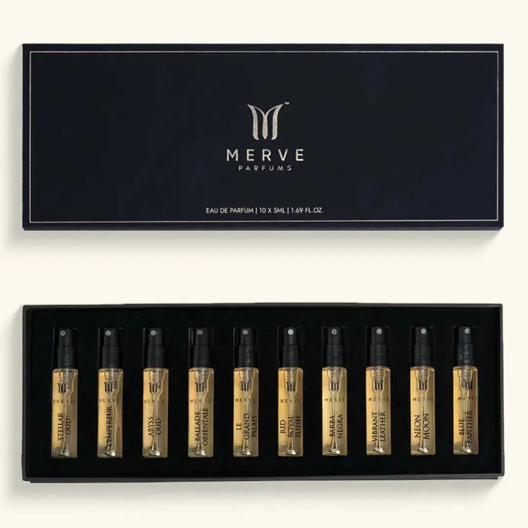 Merve Discovery Box Dubai Chapter | 10 Unisex Perfume Samples | Oud, Amber, Floral, Spicy, Citrus, Fruity, Leather | Long Lasting 12+ Hours | Eau de Parfum | Vegan & Cruelty Free | Gift