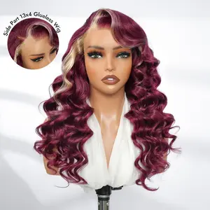 Wiggins Hair Side Part 13x4 Burgundy 99J Wig with Blonde Skunk Stripe Human Hair Lace Frontal Wig Ocean Wave Glueless Wig Plucked Hairline TikTokShopBlackFriday