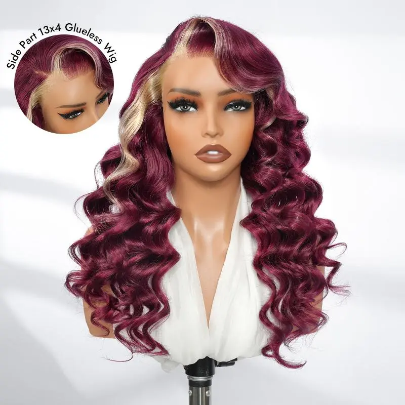 Wiggins Hair Side Part 13x4 Burgundy 99J Wig with Blonde Skunk Stripe Human Hair Lace Frontal Wig Ocean Wave Glueless Wig Plucked Hairline