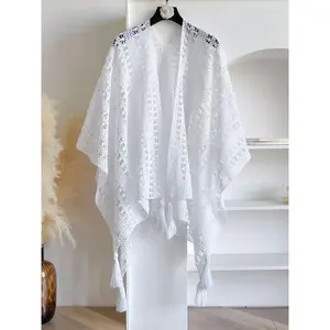 Women's Solid Color Lace Trim Poncho Cape, Casual Soft Comfortable Shawl for Daily Wear, Fashion White Clothing Accessories for All Seasons, Clothes