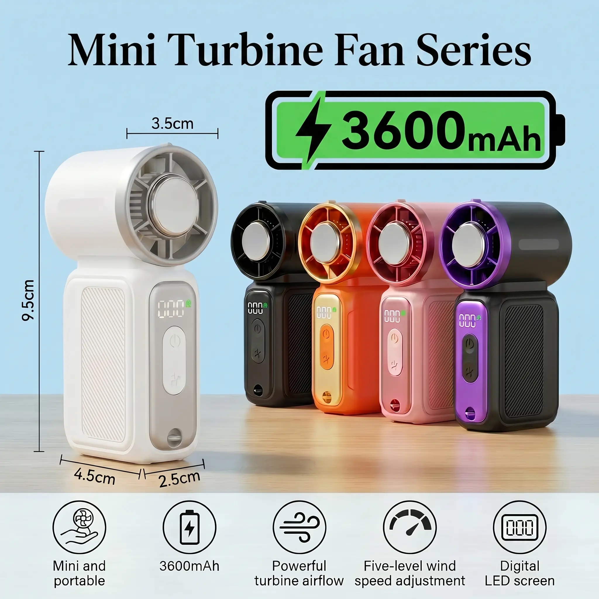 Mini handheld fan with a 3600 mAh long-lasting battery, portable neck-hanging design, pocket-sized with lanyard, adjustable wind speed suitable for commuting, office, and camping.