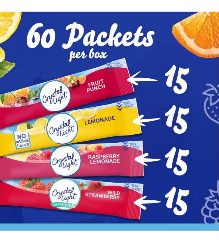 Crystal Light Variety Pack Drink Mix - 60 Packets of Beverage Mixed Powder with Lemonade Fruit Punch Raspberry Lemonade Wild Strawberry Flavor Powdered Orange