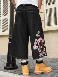Men's Cherry Blossom Floral Embroidered Denim Seven-Quarter Cropped Pants, Summer Wide Leg High Quality Casual Jeans, Drawstring Waist, Pockets, Short Length