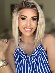 MACA BAKA Mia Icy Ash Champagne Gray Blonde Ombre Highlight Short Bob Lace Front Wig with Scandinavian Hairline Zero Fuss Glow Up Low Density 12 Inch Short Straight Bob HD Synthetic Lace Front Wigs for Women Framing the Face