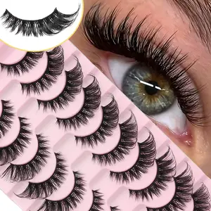 10 Pairs Powder Platform Cross-Border Eyelashes, C Curl Dense Style, 16-18mm Length, 0.10mm Thickness, Not Flammable Liquid, False Eyelash Set