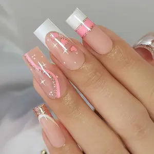 Curvlife long square french Press On Nails nude glossy shiny glitter for valentines day Easy Apply Nail Art