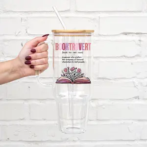 Sip-Sip Hooray! 40oz Booktrovert Glass Tumbler – Book Lover Cup with Handle, Lid & Plastic and Glass Straws, BookTok Gift for Readers, Aesthetic Reusable Drinkware Bottle Water Bottles