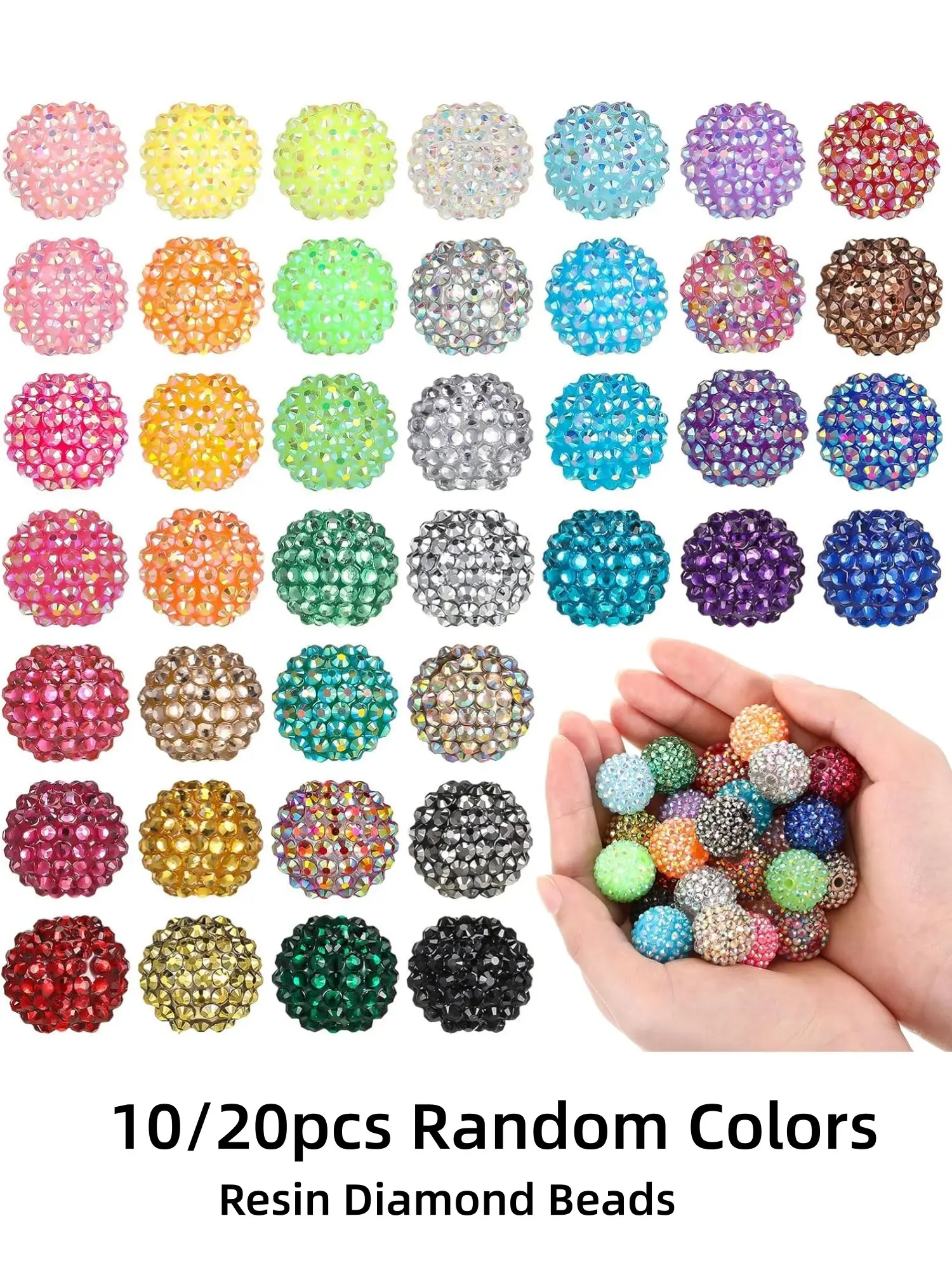 10/20pcs Random Color 20mm Resin Rhinestone Beads, Bedazzling Beads Bulk Crystal Round Disco Ball Chunky Bubblegum Beads, Beads for Crafts for Pens, Bracelets, Charms, Craft, Jewelry Making Supplies, Necklaces, Earrings, Jewelry Accessories Bead