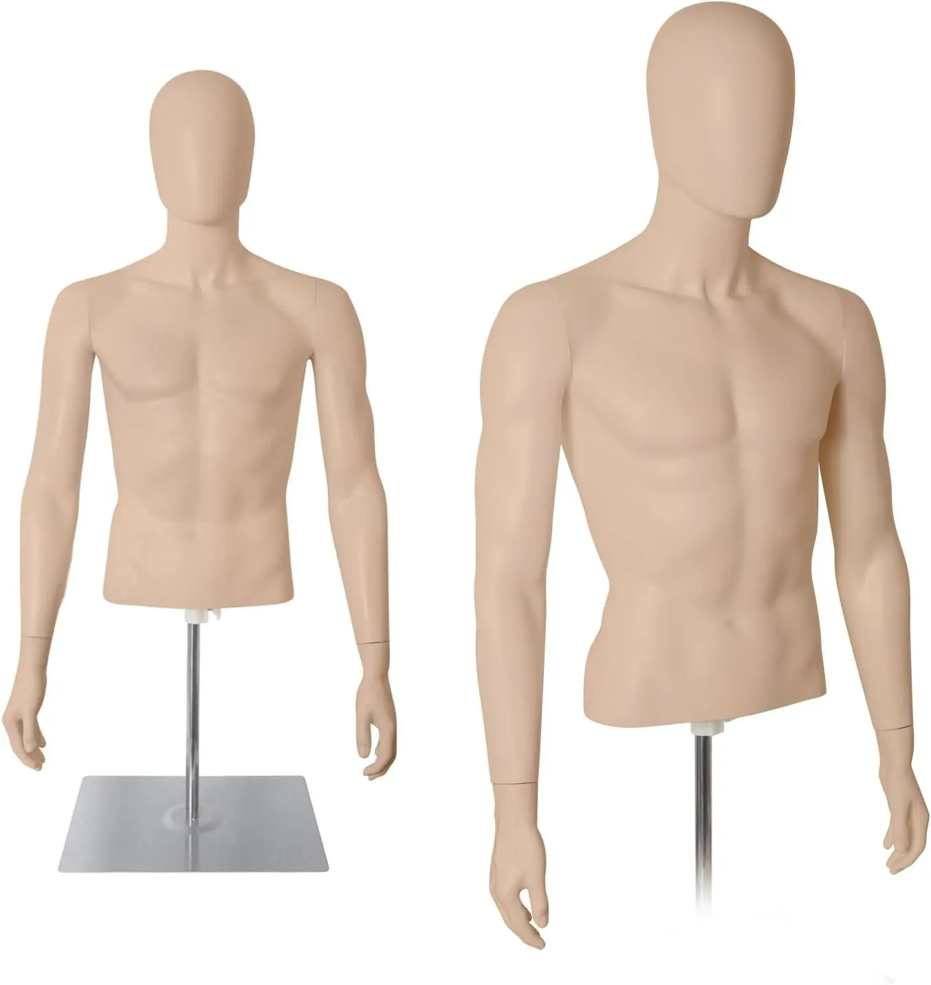Male Half Body Mannequin Torso with Stand Skin Dress Form Plastic Detachable Manikin Stand Height 32-48 High Stability Metal Base Hair Weft Extensions Hair Pieces Clip In