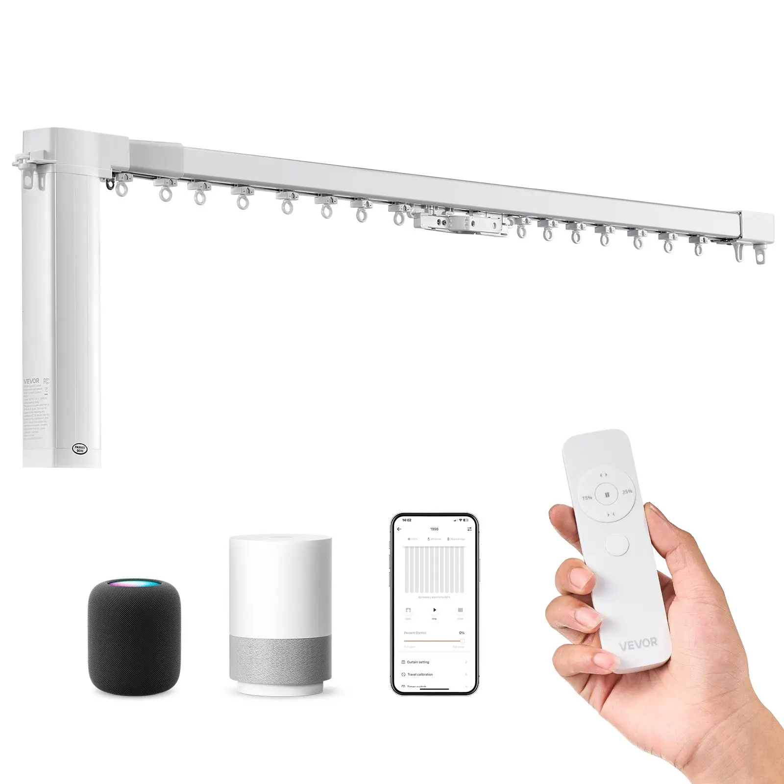 VEVOR Smart Electric Curtain Track, 71-118 inch Adjustable Length, Motorized Rod with Remote, Ceiling and Wall Mount, Automated Curtain Track System Compatible with Alexa, Google Home, App Control, 3 M